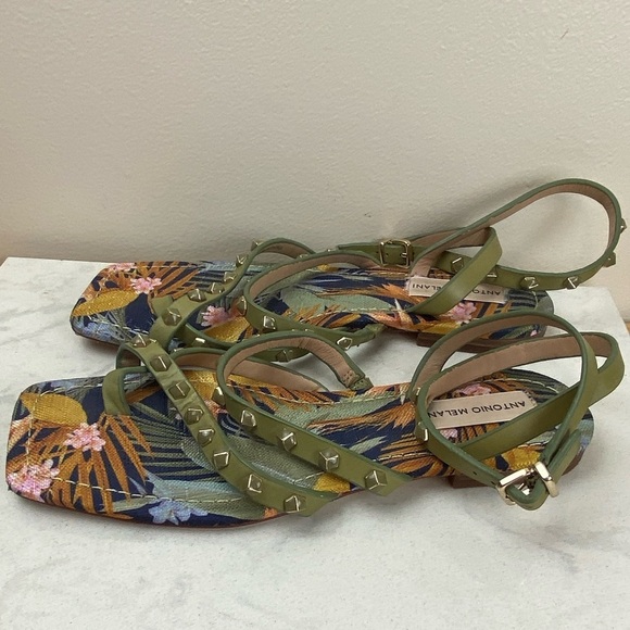 ANTONIO MELANI STAPPY STUDDED LEATHER TROPICAL GLADIATOR SANDALS - Picture 6 of 9